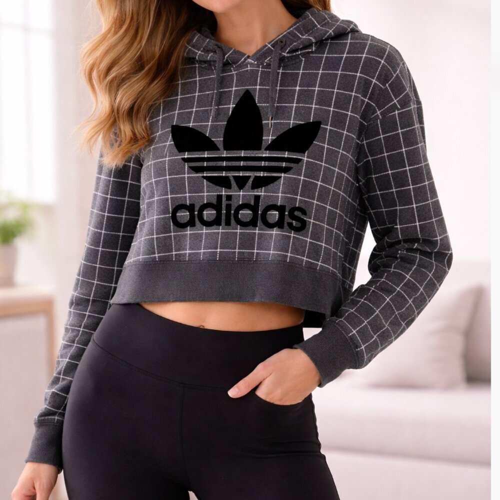 Adidas Originals Cropped Hoodie Size XS Gray Grid Trefoil Logo Pullover